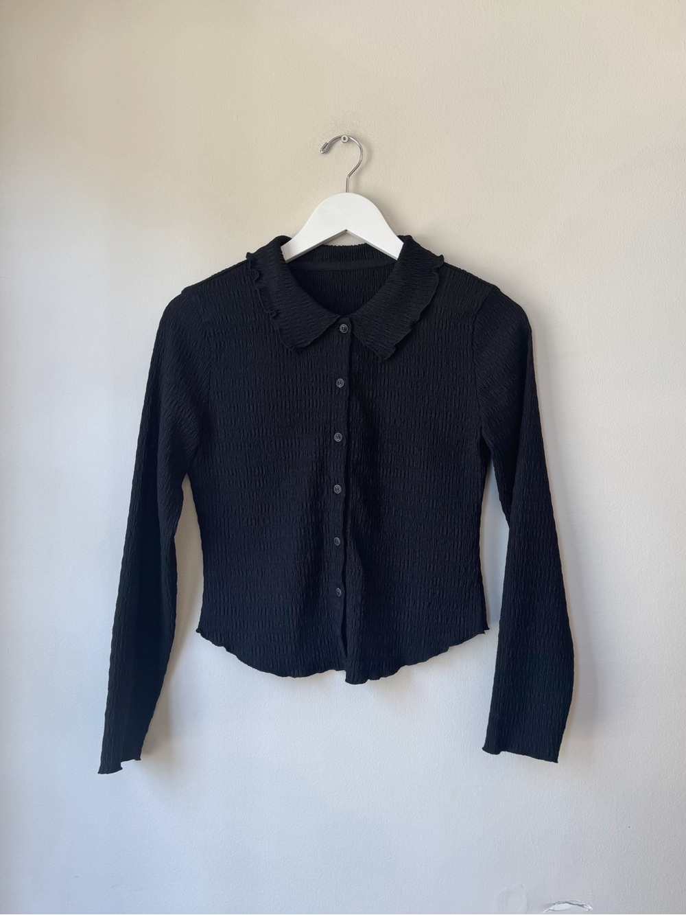 GUESS Black Textured Button-Front Crinkle Top